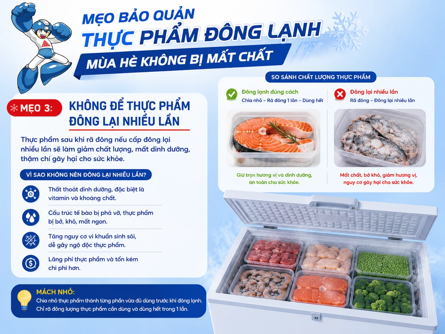 Mẹo bảo quản thực phẩm đông lạnh mùa hè không bị mất chất