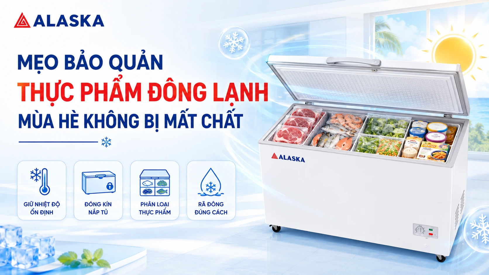Mẹo bảo quản thực phẩm đông lạnh mùa hè không bị mất chất Alaska